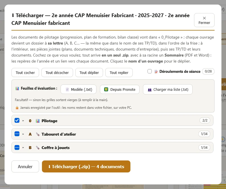 La fenêtre Tout télécharger : les documents de l’année, cochés par ouvrage et par TP/TD