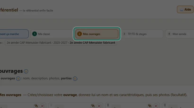 Étape 2 — Mes ouvrages — capture de l’écran, la zone concernée cerclée de vert