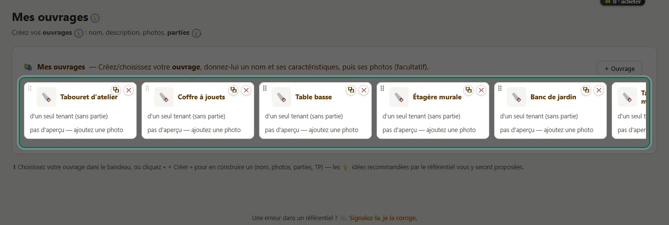 Vos ouvrages — capture de l’écran, la zone concernée cerclée de vert