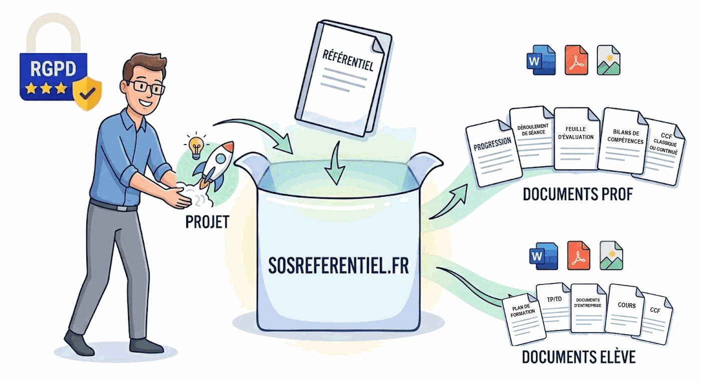 Le principe de SOS Référentiel : votre projet et le référentiel officiel entrent, les documents du professeur et de l’élève en sortent