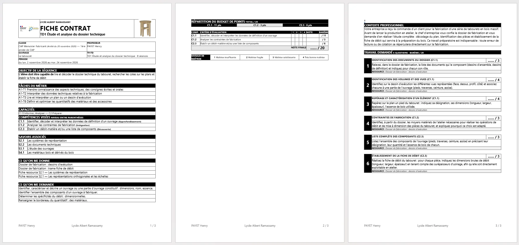 Fiche contrat générée en Word : On donne, On demande, On exige, barème sur 20, compétences et savoirs du référentiel