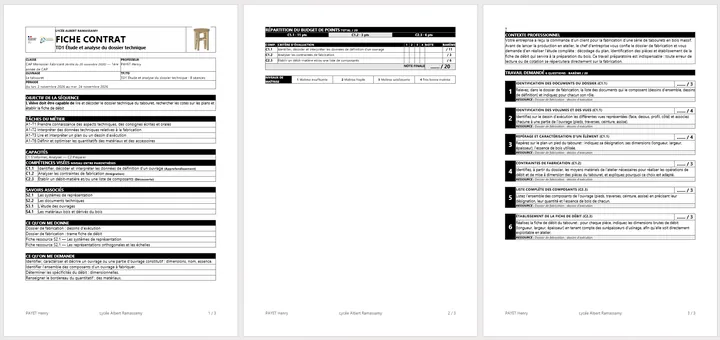 Fiche contrat générée en Word : On donne, On demande, On exige, barème sur 20, compétences et savoirs du référentiel