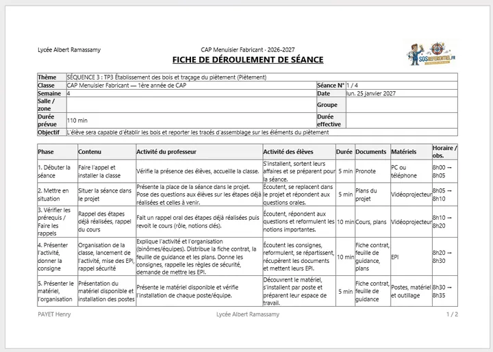 Fiche de déroulement de séance générée : phases, activités du professeur et des élèves, durées et horaires