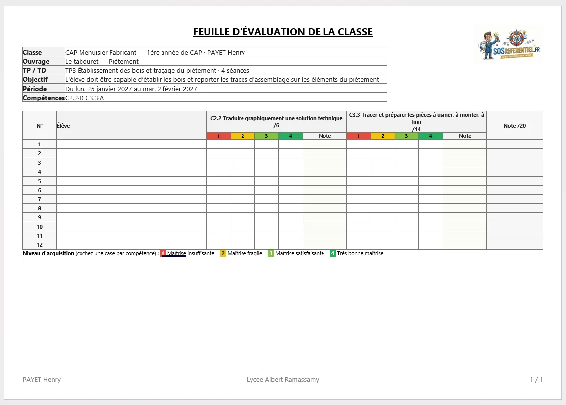 Feuille d’évaluation générée : compétences, niveaux de maîtrise 1 à 4 et note sur 20