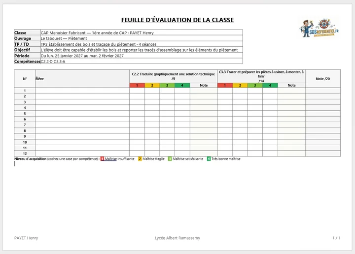 Feuille d'évaluation générée : compétences, niveaux de maîtrise 1 à 4 et note sur 20