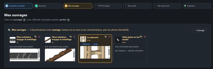 Écran « Mes projets » : les projets en cartes, avec photos et niveaux de difficulté